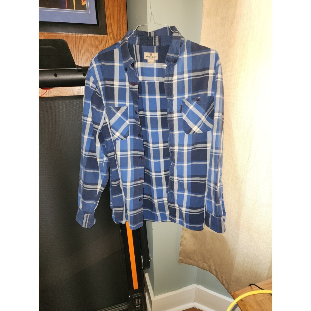 Men's Button Up Woolrich Work Long Sleeve Shirt Size L Blue Plaid Cotton Blend
